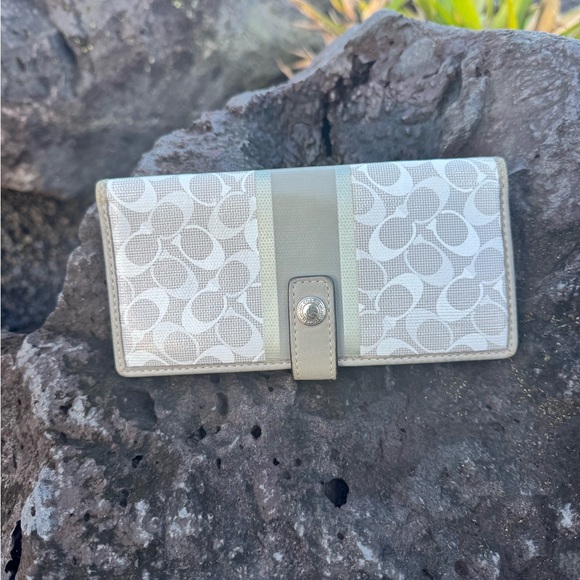 Coach Handbags - Coach Signature Stripe Checkbook Wallet Khaki Canvas Leather Trim Snap Closure